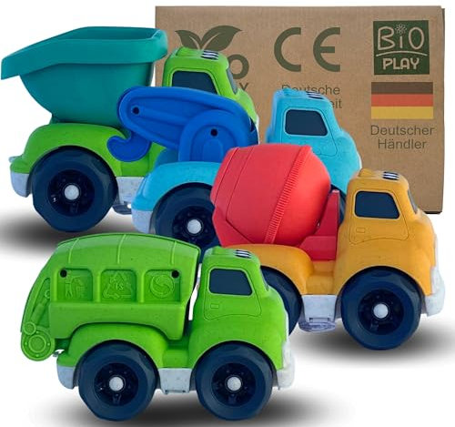 BIOPLAY 4-er XL Truck Geschenk-Set | Bio Kunststoff | Nachhaltiges Spielzeug ab 1 Jahr für Jungen und Mädchen | Kipplaster - Betonmischer