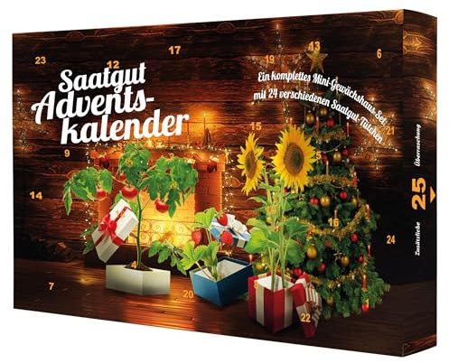 Adventskalender - 24 Samen & komplettes Gewächshaus Kamin 37 x 25 cm Gentechnikfrei - Mit Wachstumsgarantie - Adventskalender Blumen - Adventskalender Gemüse - Saatgut Adventskalender Blumen