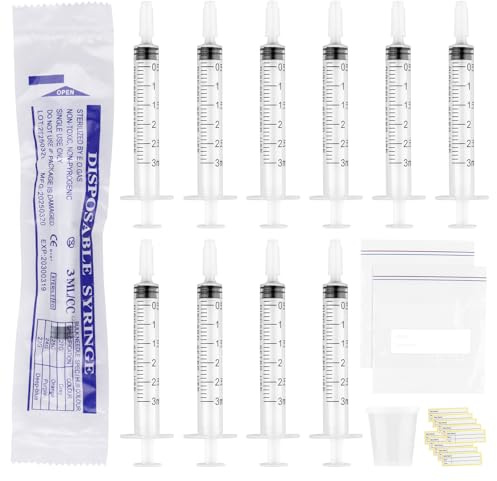 3ml Kolostrum Spritze Kunststoffspritzen mit Kappen,50 Stück | mit 30 ml Messbecher, 2 Aufbewahrungsbeutel&20 Aufkleber, zum Nachfüllen, Messen von Flüssigkeiten, wissenschaftliche Labors