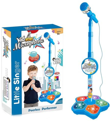 Kids Microphone and Stand, Adjustable Karaoke Machine with Flashing Stage Lights, Musical Singing Toy for Girls & Boys,Kids Karaoke Sing Musical Toy,Portable Children’s Microphone for Parties (Blue)