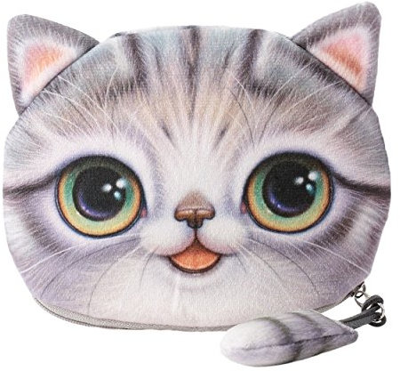 Flauschiger Geldbeutel Münzbörse Make-up- und Kosmetiktasche für Junge Frauen und Mädchen Süßes Katzenmotiv Animal Print Katzenohren und Schwänzchen Reißverschluss (Grau)