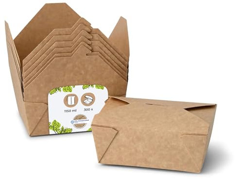 BIOZOYG Contenitore per Alimenti da Asporto I Scatola per Alimenti con Coperchio Pieghevole 1150 ml I Scatola di Cartone Kraft compostabile marrone I 300 Vaschette di Cartone Monouso rettangolari