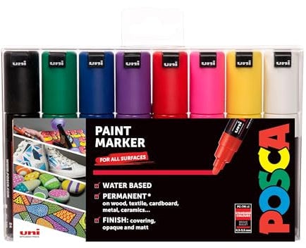 POSCA PC-7M Permanent Marker Paint Pens. Broad Bullet Tip for Art & Crafts. Multi Surface Use On Wood Metal Paper Canvas Cardboard Glass Fabric Ceramic Rock Pebble Stone Porcelain. Set of 8 Colours