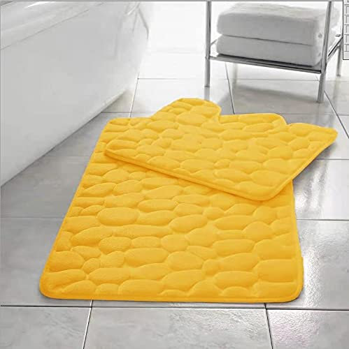 Rainbow Style Memory Foam Bath Mat 2 Piece Set Pebbles Non Slip Pedestal and Bath Mat Toilet Bathroom COLOUR OCHRE