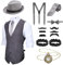 Blulu 1920er Herren Zubehör Gatsby Gangster Kleidung Kostüm Halloween Cosplay Outfit mit Weste Fedora Hut Taschenuhr Hosenträger Fliege für Mann Halloween Cosplay (M, Schwarz und Weiß)