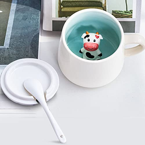 Tasse à café 3D en forme d'animal à l'intérieur - 355 ml - Motif animal miniature en 3D - Fait à la main - Tasse en céramique - Tasses matinales (petite vache + cuillère couvercle)