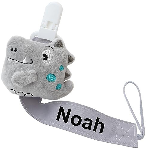 Personalisierter Schnullerclip mit Namen, anpassbare Schnullerkette, Schnullerhalter mit Namen, Geschenk zur Babyparty, universell passend für alle Schnuller – süßer Dinosaurier (grau)
