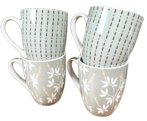 Darthome Sage Green Mugs Set of 4 Floral 350ml Traditional Country Kitchen Coffee Cups