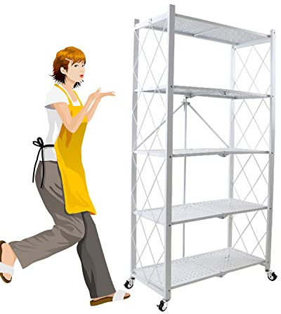 3/4/5 Ebenen Klappbares Schwerlastregal Küchenregal mit Rollen, belastbar mit bis zu 90kg/Boden, Metallregal, Standregal Lagerregal Küche Keller 72x34x(90/126/168)CM Schwarz ( Color : White , Size : 5