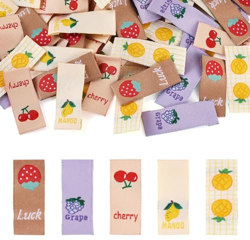 PandaHall Gewebte Bekleidungsetiketten, Stoff, handgefertigte Etiketten, Obstmuster, zum Aufnähen, Stricken, Mützen, Schals, Kostüm-Dekoration, 100 Stück