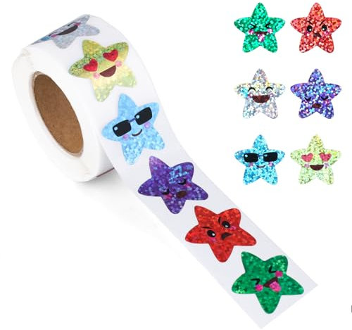 500 Stück Lächelnde Stern Aufkleber, 2,5cm Kleine Sternaufkleber Rolle Selbstklebend Glitzernd Foliensternaufkleber für Kinder Klassenzimmer Lehrer Belohnung Dekoration Basteln (8 Farben)