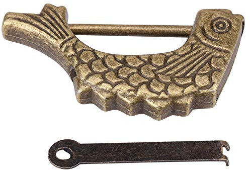 Serrure en Métal Bronze Antique en Forme de Poisson, Vieux Cadenas Chinois pour Tiroir, Boîte à Bijoux, Robuste et Durable, avec clé Plate, Design Classique