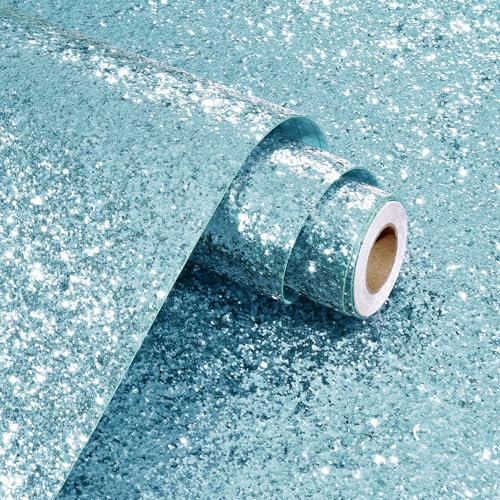 STICKEEP Light Blue Glitter Wallpaper 17.71 x 315 Sparkle Chunky Glitter Contact Paper Peel and Stick Blue Wallpaper for Bedroom Cabinets Accent Wallpaper Removable Sequins Textured Wallpaper Roll