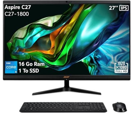 Acer Aspire C27-1800, All-in-One PC 27 Full HD IPS (Intel Core i5-12450H, RAM 16 GB, SSD 1 TB, Intel UHD Graphics, Windows 11 Famiglia), PC All-in-One, Colore Nero