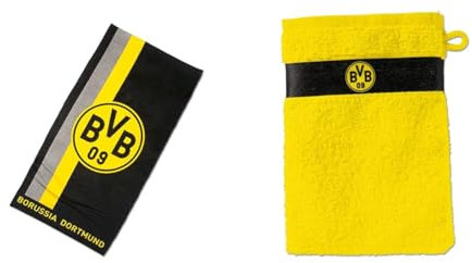 Borussia Dortmund Duschtuch mit Logo im Streifenmuster, Baumwolle, Schwarz/Gelb, 70 x 140 cm & Unisex Kinder vaskehandske gul Waschhandschuh, Schwarz/Gelb, 20 x 10 1 cm EU
