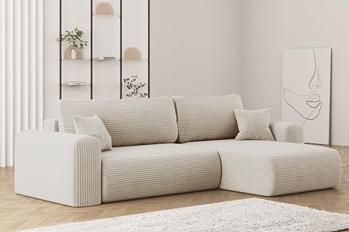 Kaiser Möbel, Sofa mit schlaffunktion, mit Bettkasten, Schlafsofa Capri, Designer Sofa, Modern Design Couch, Polsterecke, Freistehend, Stoff POSO Ecru Rechts