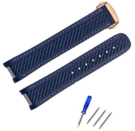 INSTR 20mm Waterproof Rubber Watch Strap Accessories For Omega Seamaster 300 220/210 Series Watch Silicone Strap Men(Blue white Rose Gold)