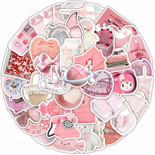 GGTTNRT 60 Stück Süßes Rosa Sticker Aesthetic Laptop Scrapbook Stickers Set, Aufkleber Wasserfest Diy Basteln Deko, Kawaii Sticker für Mädchen (60pcs Cartoon Rosa)