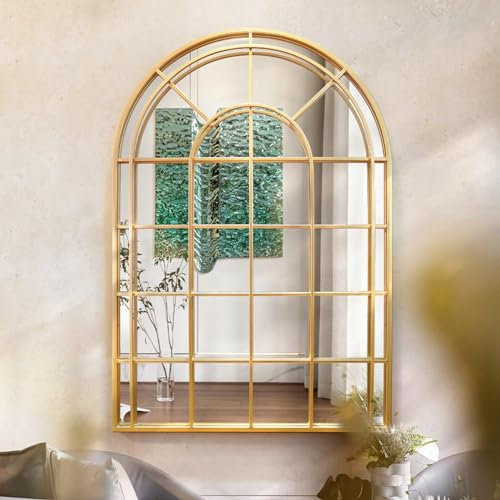 Espejo de arco grande con marco de metal vintage, 39 x 31 pulgadas, espejo decorativo dorado para decoración de pared en entrada y sala de estar, impresionante espejo de ventana