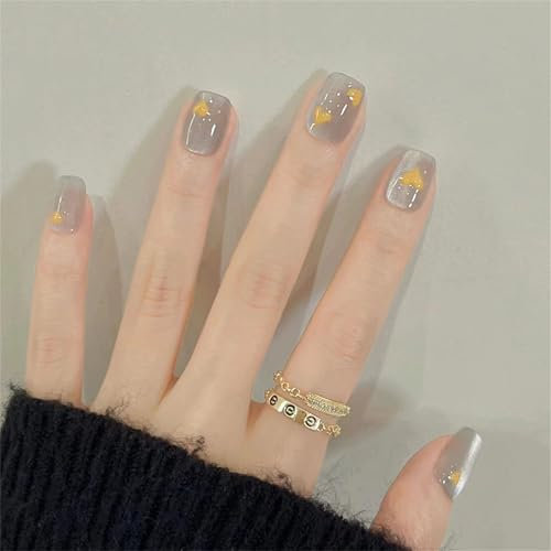 Short Square Press on Fake Nails Cute Yellow Heart Nail Art Decoration Shiny Cat's Eye Manicure for Women and Girls 24pcs