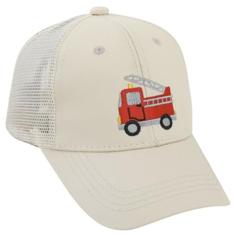 Besforta Niedliche Feuerwehrauto-Stickerei, Kinder-Baseballkappe, verstellbar, gewaschene Baseballmützen für Jungen und Mädchen, Netzstoff, Beige, 2-8