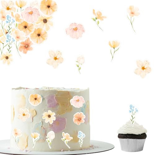 ENLACE Wildblumen Essbar für Torte, 44 Stück Boho Tortendeko Blumen Essbar, Essbare Blumen für Torte, Essbare Blüten Torten Deko, Esspapier Blüten Cupcake Deko für Geburtstag Hochzeit Babyparty