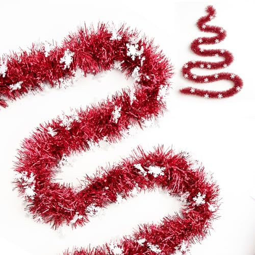 G2PLUS Red and White Christmas Tinsel Garland: 10m x 9cm Metallic Glittery Fluffy Hanging Decorations for Christmas Trees, Wardrobes, Doors, Ceilings, Railings and Wreath Making