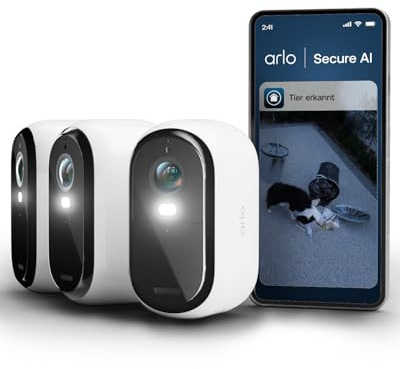 Arlo Essential 3 HD Akku Überwachungskamera Aussen WLAN, Kabellos, 1080p Video, Farbnachtsicht, Licht, Bewegungsmelder, Sirene, 2-Wege Audio, Smart Home Secure Plan Testzeitraum, 3er Set