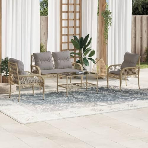 QUAHEAS Ensemble de 4 meubles de jardin avec coussins beige en polyrotin résistant aux UV et aux intempéries pour terrasse et balcon, avec table basse avec plateau en verre