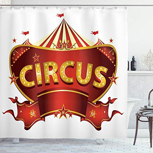ABAKUHAUS Zirkus Duschvorhang, Karneval Zeichen Nachtleben, Stoffliches Gewebe Badezimmerdekorationsset mit Haken, 175 x 200 cm, Gelb Weiß Rot