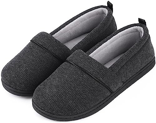 EverFoams Ladies' Memory Foam Comfort Cotton Knit House Shoes Light Weight Terry Cloth Loafer Slippers w/Anti-Skid Rubber Sole, Black, 6 UK