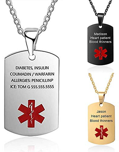 DaMei Colgante Hombre Personalizado Alerta Médica Placa Colgante Etiqueta de Perro Militar Hombre Collar Chapas Militares Personalizadas Grabado Personalizado