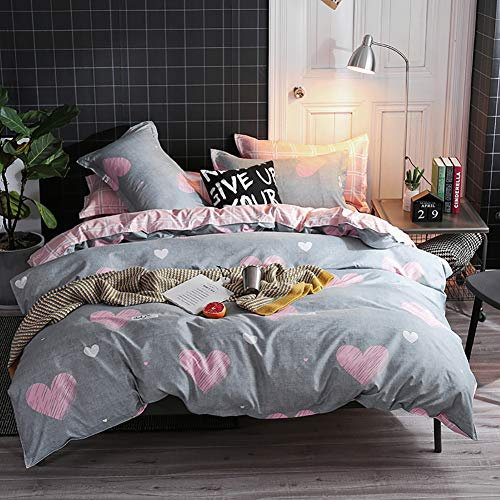 AShanlan Mädchen Rosa Herzen Kinder Bettwäsche 140x200 Kopfkissenbezug 70x90 Grau Rosa Wende Kinderbettwäsche Set 100% Mikrofaser Bettbezug mit Reißverschluss