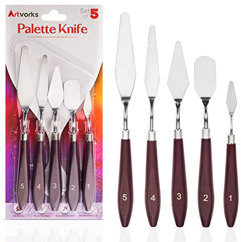 Artvorks Palette Knife – 5 Pcs Stainless Steel Pallet Knife with Smooth Edges & Wooden Handle for Sturdy Grip – Mixing Scraper for Acrylic & Oil Painting, Watercolor – Perfect for Artists & Beginners