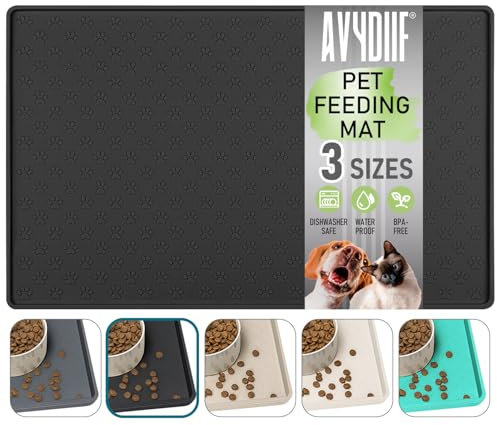 Silicone Dog Cat Food Mat, Waterproof Slip Resistant Raised Edge Pet Feeding Mat, Anti-Messy and Prevent Spill on Floor, Dishwasher Safe (Black, 24 X 16)