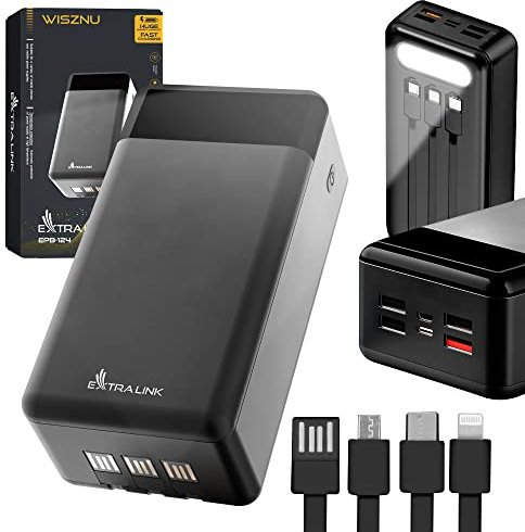 Power Bank 30000mAh 5-12V, Batterie Externe Charge Rapide, Lightning Mini-USB USB C 4 câbles de Charge intégrés, Support de téléphone, Smartphone Tablet, Batterie Externe, Chargeur Portable
