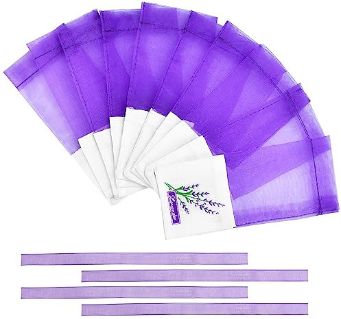 Corsehild 40 PCS Sachet Empty Bags Lavender Sachets Bags Scented Sachets Lavender Bags Sacks Small Organza Gauze Bags with 40 Ribbons, Purple Drawstring Gauze Cotton for Lavender, Spice and Herbs