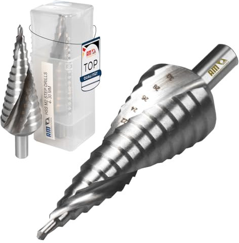 AM-Zerspanungstechnik HSS Stufenbohrer PROFESSIONELL | Bohrer für Edelstahl, Metall, Holz, Kunststoff | Schälbohrer | Blechschälbohrer | Kegelbohrer - Ø4-30mm