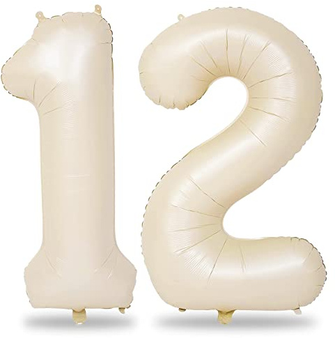Lingqiang Cream 40 Inch Number 12 Balloons, 3pcs Self Inflating, Anniversary & Birthday Party Decor Supplies for Boys, Girls & Unisex Children