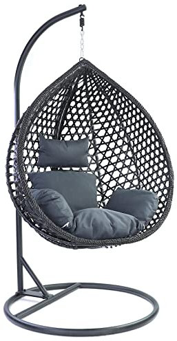 RAMROXX Luxus Hängesessel Style XXL Korb Gestell Schwarz mit Relaxkissen Grau