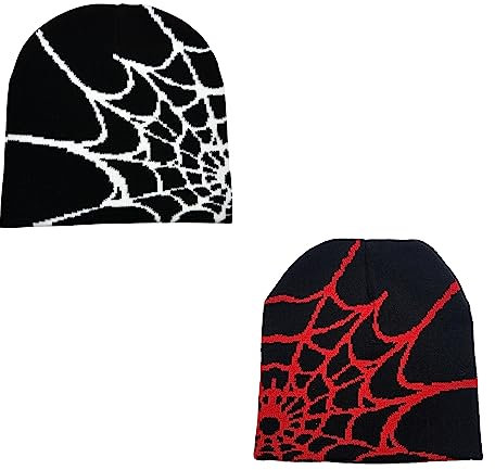 Diskebuiss Y2k Beanie Spinnennetz, Strickmütze für Damen und Herren, Strickmütze, Gothic-Spinnenmuster, Wolle, Acryl, Strickmütze, A-Schwarz und Rot (2 Stück), Einheitsgr��e