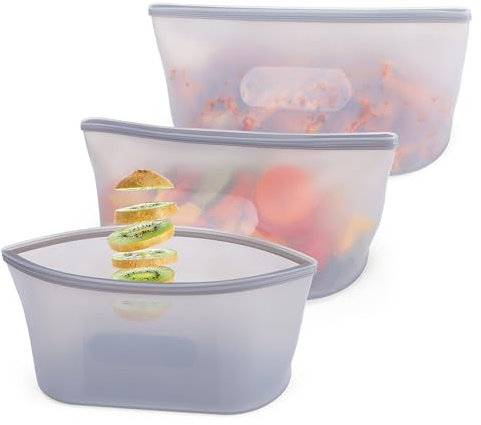BELLE VOUS Reusable Freezer Bags - Silicone Food Storage Bags (3 Pack) - 750ml/25oz Leakproof Stand-Up Zip Containers - Freezer, Dishwasher & Microwave Safe