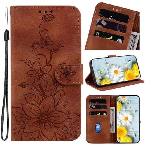 Beajew Handyhülle Kompatibel mit OnePlus 9 Pro Hülle, PU Leder Eleganter Prägung Schutzhülle mit Kartenfach, Flip Case Klappbar Stoßfeste Hülle,Mit Lilienmuster, Braun