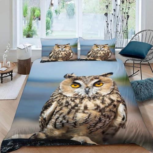 NYSMGS Kinderbettwäsche 135x200 Eule Mädchen Jungen Kinder 3D Druck Tier Bettbezug Weich Mikrofaser Sommer Bettwäsche-Sets 3 Teilig mit Reißverschluss und 2 Kissenbezüge 80x80cm
