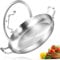 Inqibee Poêle à paella en acier inoxydable triple épaisseur de 33 cm avec couvercle, grille, grande poêle, poêle à induction, passe au lave-vaisselle et au four
