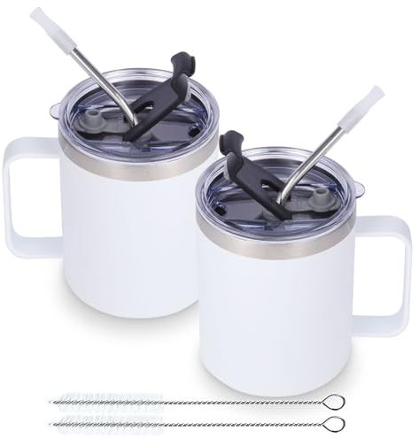 Volhoply 12oz Insulated Leakproof Coffee Mug with Sliding & Straw Lid Bulk 2 Pack,Double Wall Vacuum Stainless Steel Travel Tumbler Cup with Handle,Reusable Camping Mugs Keep Cold/Hot(White,2 Set)
