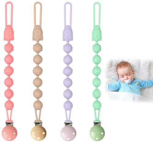 Dummy Clip, 4 Pack Food Grade Silicone Dummy Clips, Soft Flexible Baby Dummy Clip, One-Piece Design Keeps Pacifier Clean, for Boys and Girls(Purple+Pink+Green +Coffee)