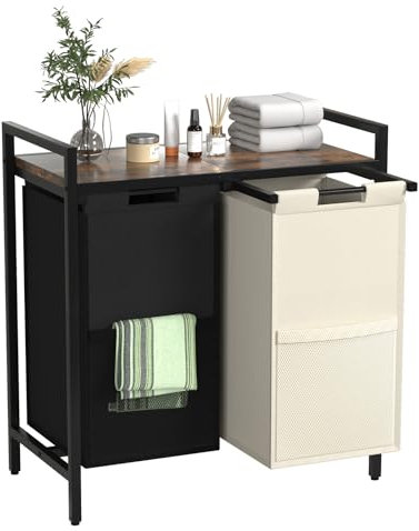 Laundry Basket, 2 Compartments,Dirty Laundry basket, Laundry Hamper Bins 2 Sections, Double Laundry Washing Basket Organiser with 2 Removable Oxford Cloth Bags, Metal Frame (Black+white)