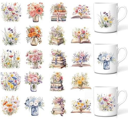 UV DTF Transfer Stickers, 20 Sheet Flower Design Waterproof Cup Wraps for Mug Glass, Vintage Floral Wildflower Book Theme Rub on Transfers, DIY Gifts