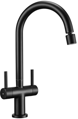 Peppermint Matt Black Kitchen Tap with Dual Function Aerator Spray Stream Kitchen Mixer Taps 1 Hole 360° Swivel Dual Lever Monobloc Sink Mixer Tap Splash-Proof Brass Swan Neck Faucets
